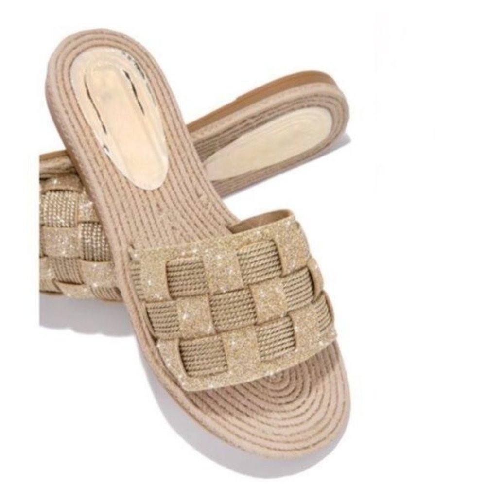 Gold Espadrille Basketweave Slides - Picture 2 of 4